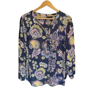 Talbots Navy Blue Paisley Print Rayon Button Blouse 3/4 Sleeve Plus Size 1X Flaw